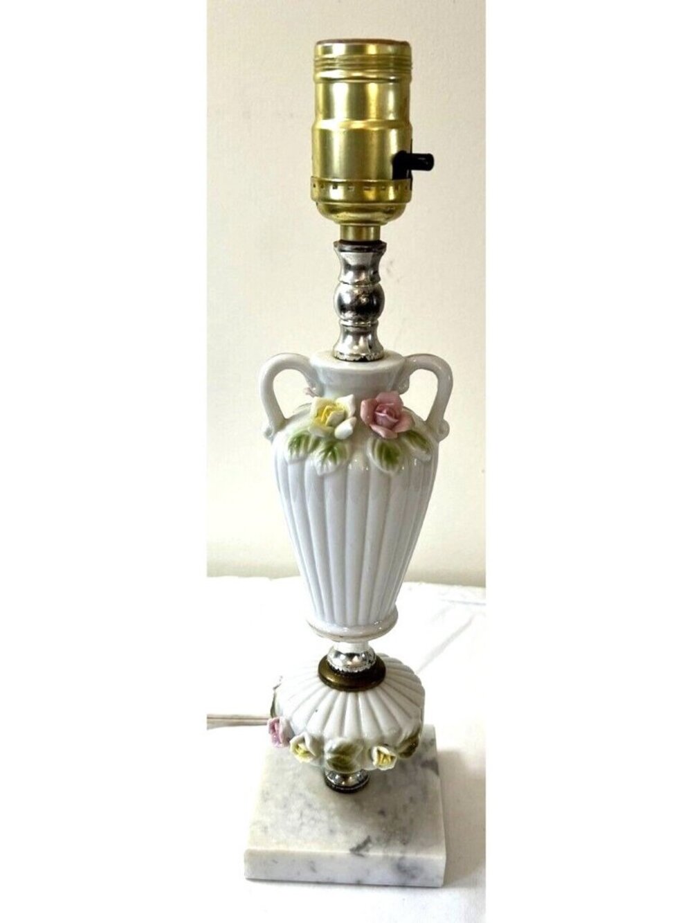Vintage White Porcelain Boudoir Vanity Lamp With Raised Flowers & Marble Base